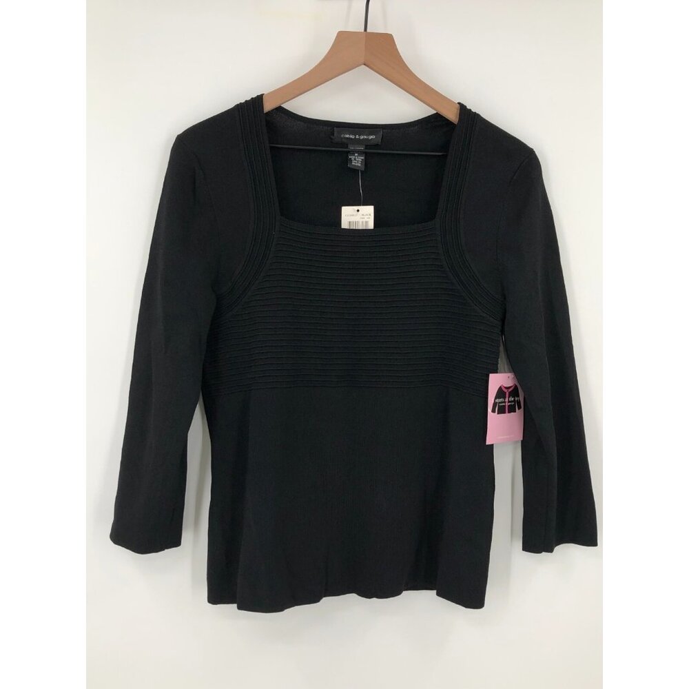 Cable & Gauge Nylon Top Women Medium Black Ribbed Square Neck 3/4 Sleeve Stretch